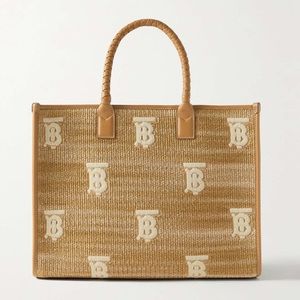 BURBERRY Freya leather-trimmed embroidered raffia tote